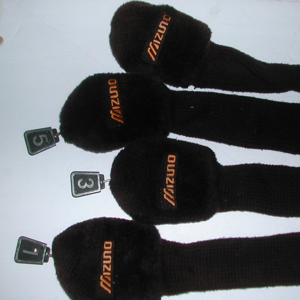 4-MIZUNO Plush HEAD COVERS Fuzzy BLACK for 1,3,5,7 Wood GOLD EMBROIDERY~Vintage